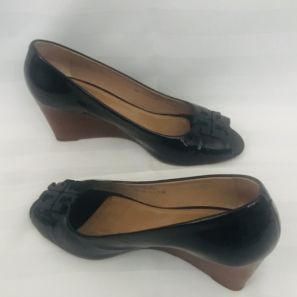 Tory Burch Lowell 2.65mm Peep Toe Wedge in Soft Patent Calf - Picture 1 of 7